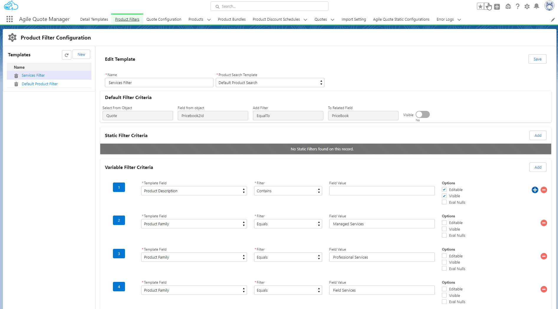 Product Filter Config Screen