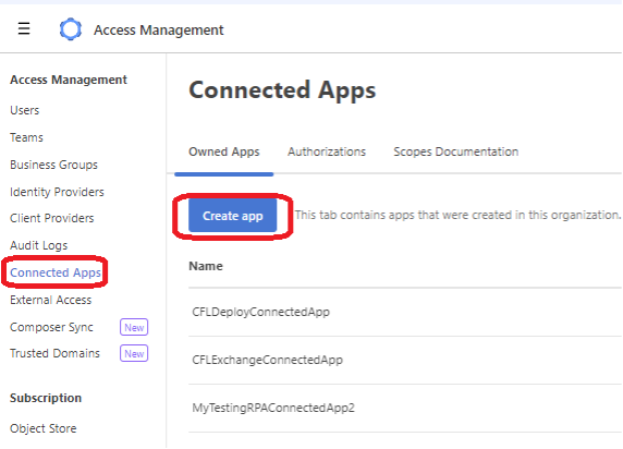 MuleSoft Anypoint Create Connected App button