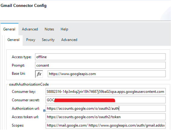Gmail Connector Config screen