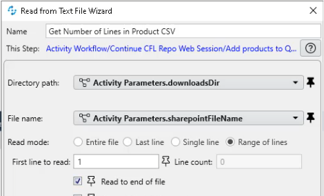 Wizard screen for Read from text File property setup