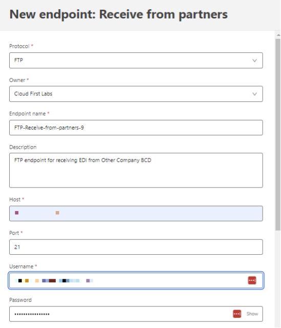 New FTP Endpoint data entry screen