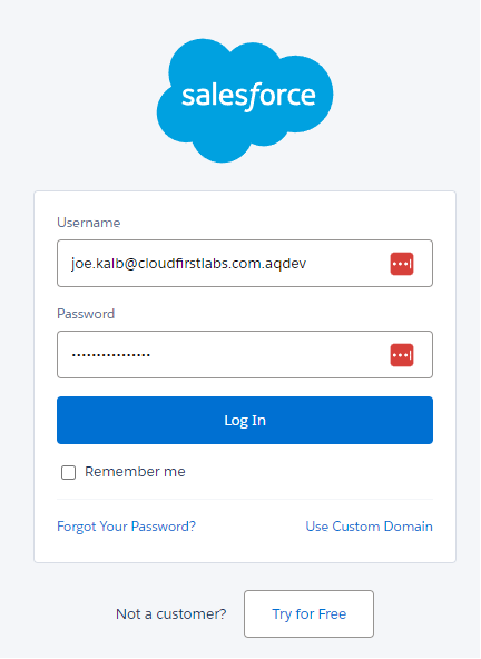 Screen showing the Salesforce main login screen