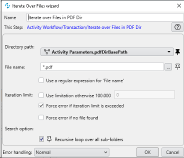 Screen showing Iterate over Files Wizard window