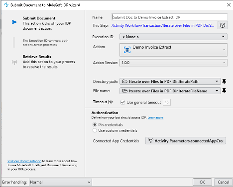 Main screen for the Submit Document to MuleSoft IDP Wizard